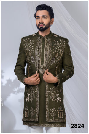 Man wearing an olive green Indo-Western outfit with heavy embroidery featuring peacocks, deer, floral vines, and traditional motifs.