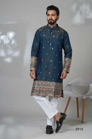 Man wearing a royal blue embroidered kurta with intricate multicolor detailing on the cuffs and hem, paired with white churidar pants and black loafers, standing in a modern indoor setting.