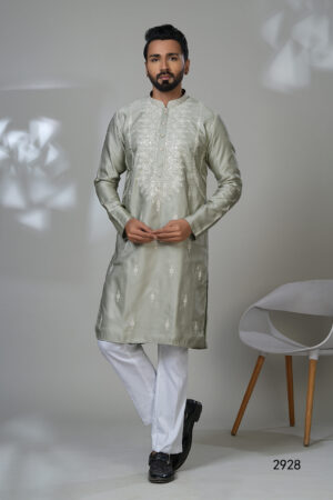 Man in a sage green embroidered kurta and white trousers, standing in a modern indoor setting next to a white chair.