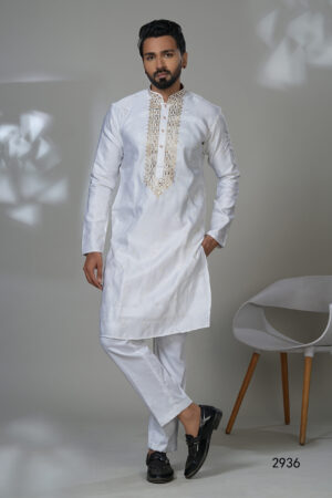 Men’s ivory white kurta with beige hand embroidery