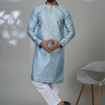 Men’s sky blue kurta with white embroidery