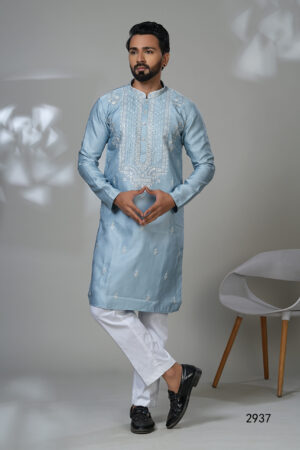 Men’s sky blue kurta with white embroidery