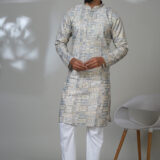 Men’s pastel printed kurta with mosaic-style motifs