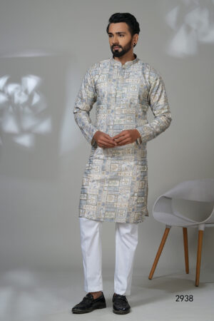 Men’s pastel printed kurta with mosaic-style motifs