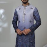 Men’s ombré blue embroidered kurta with palm tree motifs