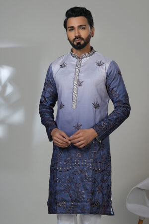 Men’s ombré blue embroidered kurta with palm tree motifs