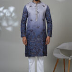 Men’s ombré blue embroidered kurta with palm tree motifs