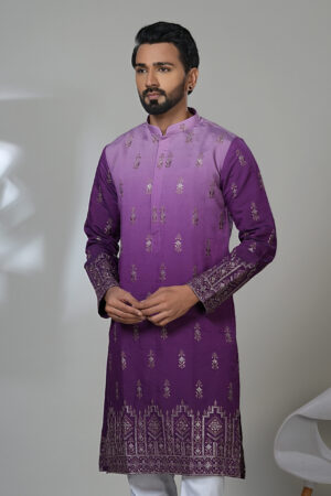 Men’s purple embroidered silk kurta with gold motifs