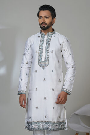 Men’s white kurta with blue-grey embroidery and detailed hem