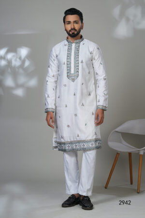 Men’s white kurta with blue-grey embroidery and detailed hem