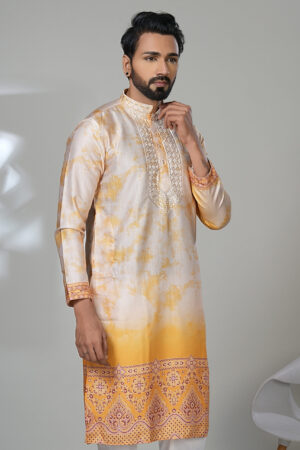 Men’s ombre yellow kurta with pearl placket and printed border