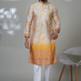 Men’s ombre yellow kurta with pearl placket and printed border