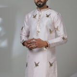 Men’s blush pink kurta with golden bird embroidery