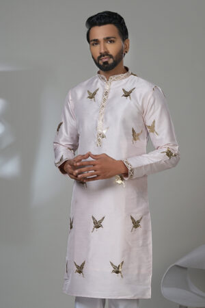 Men’s blush pink kurta with golden bird embroidery