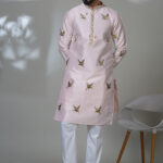 Men’s blush pink kurta with golden bird embroidery