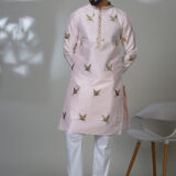 Men’s blush pink kurta with golden bird embroidery