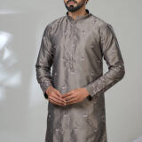 Men’s charcoal grey embroidered kurta with ornate cuffs and hem
