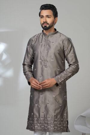 Men’s charcoal grey embroidered kurta with ornate cuffs and hem