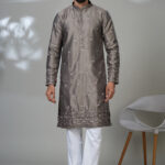 Men’s charcoal grey embroidered kurta with ornate cuffs and hem