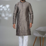 Men’s charcoal grey embroidered kurta with ornate cuffs and hem