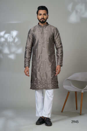 Men’s charcoal grey embroidered kurta with ornate cuffs and hem