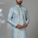 Men’s sky blue silk kurta with embroidered placket