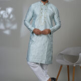 Men’s sky blue silk kurta with embroidered placket