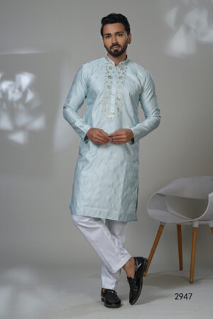 Men’s sky blue silk kurta with embroidered placket