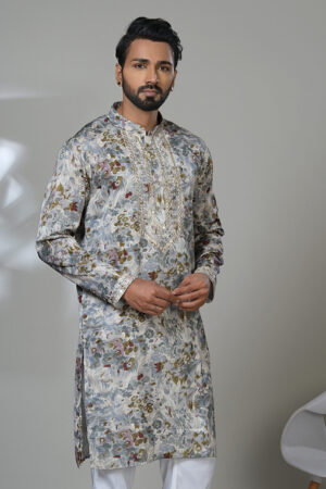 Men’s floral printed kurta with mirror work