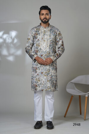 Men’s floral printed kurta with mirror work