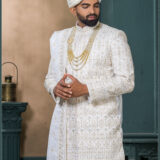 Ivory embroidered groom sherwani with dupatta and pearl mala