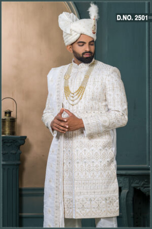 Ivory embroidered groom sherwani with dupatta and pearl mala
