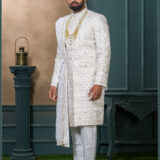 Ivory embroidered groom sherwani with dupatta and pearl mala