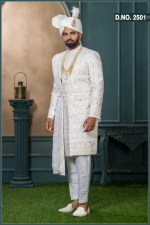 Ivory embroidered groom sherwani with dupatta and pearl mala