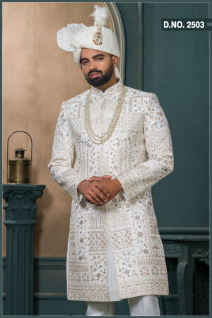 Ivory silk sherwani with floral zari and sequin embroidery for groom