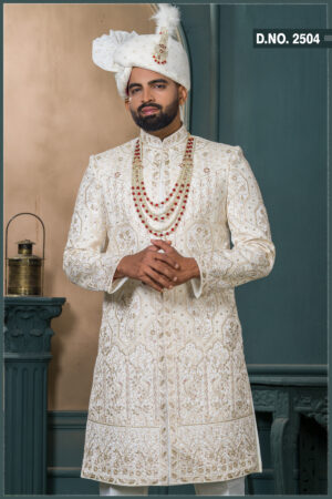 Ivory malai silk sherwani with golden zari and floral embroidery for groom