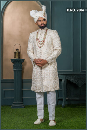 Ivory malai silk sherwani with golden zari and floral embroidery for groom