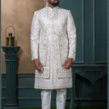 Ivory malai silk sherwani with red thread and zari embroidery for groom