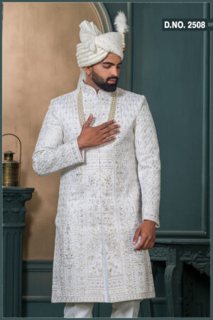 Ivory silk sherwani with self-tone zari and sequin embroidery for groom