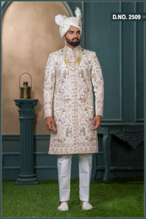 Ivory silk groom sherwani with peacock and elephant zari embroidery