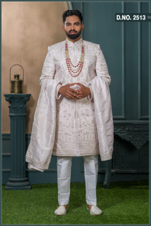 Ivory silk groom sherwani with matching dupatta and intricate thread embroidery